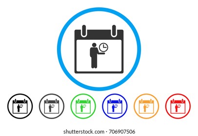 Time Manager Calendar Day vector rounded icon. Image style is a flat gray icon symbol inside a blue circle. Bonus color variants are grey, black, blue, green, red, orange.