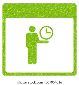 Time Manager Calendar Page grainy textured icon for overlay watermark stamps. Flat symbol with dust texture. Dotted vector eco green ink rubber seal stamp with grunge design on a white background.