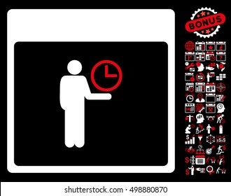 Time Manager Calendar Page icon with bonus calendar and time management images. Vector illustration style is flat iconic symbols, red and white, black background.