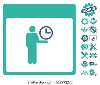 Time Manager Calendar Page icon with bonus settings pictures. Vector illustration style is flat iconic symbols, cobalt and cyan, white background.