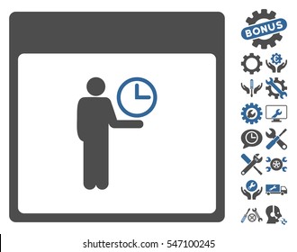 Time Manager Calendar Page icon with bonus setup tools icon set. Vector illustration style is flat iconic symbols, cobalt and gray, white background.