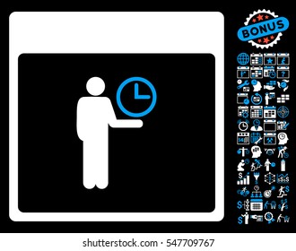 Time Manager Calendar Page icon with bonus calendar and time management icon set. Vector illustration style is flat iconic symbols, blue and white, black background.
