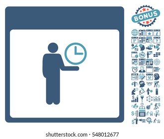 Time Manager Calendar Page icon with bonus calendar and time management clip art. Vector illustration style is flat iconic symbols, cyan and blue, white background.