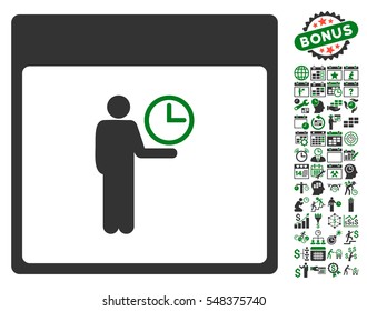 Time Manager Calendar Page icon with bonus calendar and time management graphic icons. Vector illustration style is flat iconic symbols, green and gray, white background.