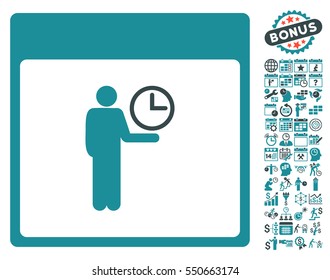 Time Manager Calendar Page icon with bonus calendar and time management symbols. Vector illustration style is flat iconic symbols, soft blue, white background.