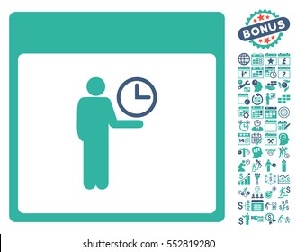 Time Manager Calendar Page icon with bonus calendar and time management symbols. Vector illustration style is flat iconic symbols, cobalt and cyan, white background.