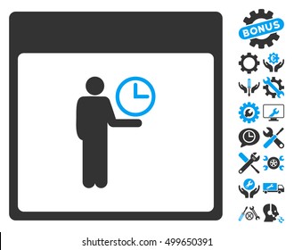 Time Manager Calendar Page pictograph with bonus tools images. Vector illustration style is flat iconic symbols, blue and gray, white background.