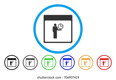 Time Manager Calendar Page vector rounded icon. Image style is a flat gray icon symbol inside a blue circle. Bonus color versions are gray, black, blue, green, red, orange.