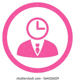 Time Manager grainy textured icon inside circle for overlay watermark stamps. Flat symbol with dust texture. Circled dotted vector pink ink rubber seal stamp with grunge design on a white background.