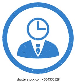 Time Manager grainy textured icon inside circle for overlay watermark stamps. Flat symbol with unclean texture.