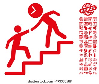 Time Manager Help icon with bonus calendar and time management graphic icons. Vector illustration style is flat iconic symbols, red color, white background.