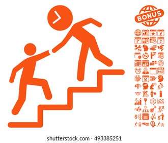 Time Manager Help icon with bonus calendar and time management pictogram. Vector illustration style is flat iconic symbols, orange color, white background.
