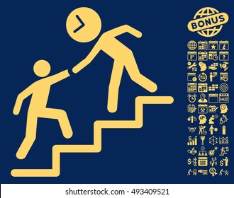 Time Manager Help icon with bonus calendar and time management pictogram. Vector illustration style is flat iconic symbols, yellow color, blue background.