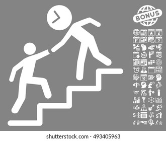 Time Manager Help pictograph with bonus calendar and time management clip art. Vector illustration style is flat iconic symbols, white color, gray background.