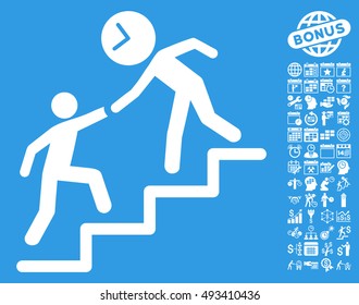 Time Manager Help pictograph with bonus calendar and time management graphic icons. Vector illustration style is flat iconic symbols, white color, blue background.