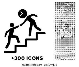 Time Manager Help vector pictogram with additional 300 date and time management icons. Style is flat symbols, black color, rounded angles, white background.