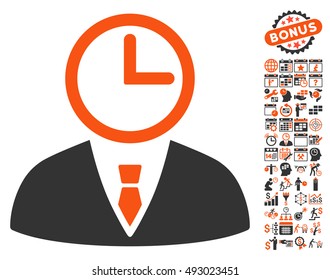 Time Manager icon with bonus calendar and time management icon set. Vector illustration style is flat iconic bicolor symbols, orange and gray colors, white background.