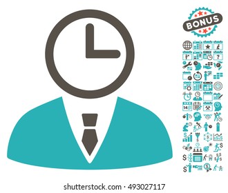 Time Manager icon with bonus calendar and time management design elements. Vector illustration style is flat iconic bicolor symbols, grey and cyan colors, white background.