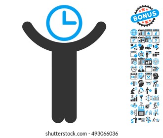 Time Manager icon with bonus calendar and time management graphic icons. Vector illustration style is flat iconic bicolor symbols, blue and gray colors, white background.