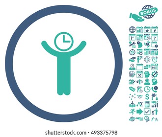 Time Manager icon with bonus calendar and time management symbols. Vector illustration style is flat iconic bicolor symbols, cobalt and cyan colors, white background.