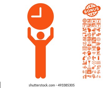 Time Manager icon with bonus calendar and time management images. Vector illustration style is flat iconic symbols, orange color, white background.