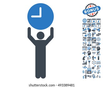 Time Manager icon with bonus calendar and time management graphic icons. Vector illustration style is flat iconic bicolor symbols, smooth blue colors, white background.