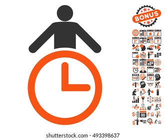 Time Manager icon with bonus calendar and time management pictures. Vector illustration style is flat iconic bicolor symbols, orange and gray colors, white background.