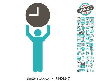 Time Manager icon with bonus calendar and time management images. Vector illustration style is flat iconic bicolor symbols, grey and cyan colors, white background.