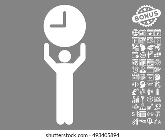 Time Manager icon with bonus calendar and time management pictures. Vector illustration style is flat iconic symbols, white color, gray background.