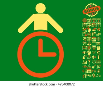 Time Manager icon with bonus calendar and time management pictogram. Vector illustration style is flat iconic bicolor symbols, orange and yellow colors, green background.