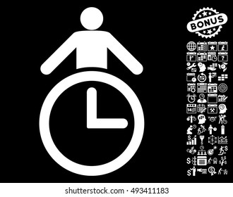 Time Manager icon with bonus calendar and time management images. Vector illustration style is flat iconic symbols, white color, black background.