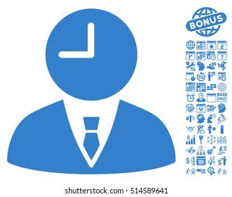 Time Manager icon with bonus calendar and time management pictures. Vector illustration style is flat iconic symbols, cobalt color, white background.