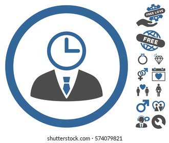 Time Manager icon with bonus dating images. Vector illustration style is flat rounded iconic cobalt and gray symbols on white background.