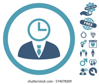 Time Manager icon with bonus valentine pictograph collection. Vector illustration style is flat rounded iconic cyan and blue symbols on white background.