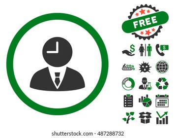 Time Manager icon with free bonus pictogram. Vector illustration style is flat iconic bicolor symbols, green and gray colors, white background.