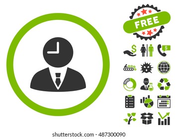 Time Manager icon with free bonus clip art. Vector illustration style is flat iconic bicolor symbols, eco green and gray colors, white background.