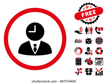 Time Manager icon with free bonus pictures. Vector illustration style is flat iconic bicolor symbols, intensive red and black colors, white background.