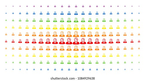 Time manager icon rainbow colored halftone pattern. Vector time manager objects are organized into halftone grid with vertical spectral gradient. Constructed for backgrounds, covers,