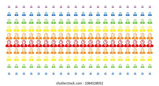 Time Manager icon spectral halftone pattern. Vector symbols arranged into halftone array with vertical spectral gradient. Constructed for backgrounds, covers, templates and abstraction concepts.