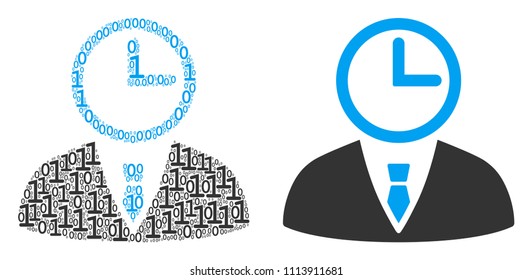 Time manager mosaic icon of zero and one symbols in variable sizes. Vector digits are united into time manager composition design concept.