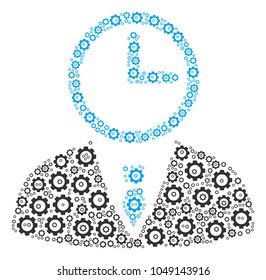 Time Manager mosaic of mechanical wheels. Vector tooth gear symbols are grouped into time manager figure.