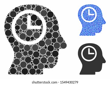 Time manager mosaic of small circles in various sizes and color tinges, based on time manager icon. Vector small circles are united into blue mosaic.
