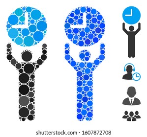 Time manager mosaic of spheric dots in different sizes and color tints, based on time manager icon. Vector round dots are combined into blue mosaic.