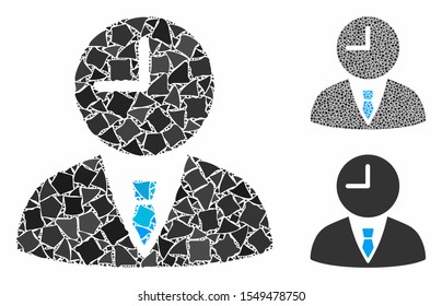 Time manager mosaic of tremulant items in variable sizes and shades, based on time manager icon. Vector irregular items are united into collage. Time manager icons collage with dotted pattern.