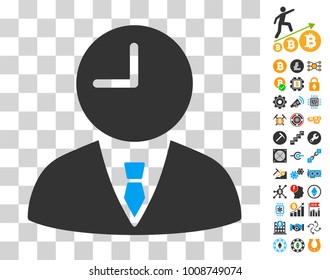 Time Manager pictograph with bonus bitcoin mining and blockchain icons. Vector illustration style is flat iconic symbols. Designed for blockchain apps.