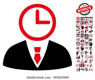 Time Manager pictograph with bonus calendar and time management graphic icons. Vector illustration style is flat iconic bicolor symbols, intensive red and black colors, white background.