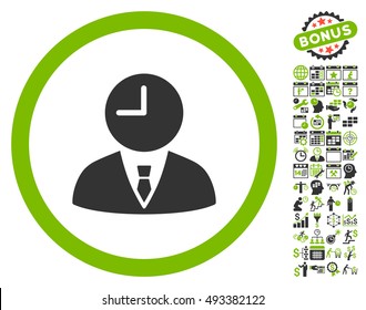 Time Manager pictograph with bonus calendar and time management graphic icons. Vector illustration style is flat iconic bicolor symbols, eco green and gray colors, white background.