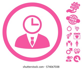 Time Manager pictograph with bonus dating pictograph collection. Vector illustration style is flat rounded iconic pink symbols on white background.