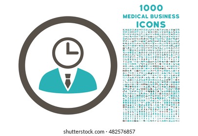 Time Manager rounded vector bicolor icon with 1000 medical business icons. Set style is flat pictograms, grey and cyan colors, white background.