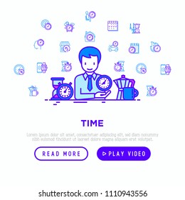 Time manager with thin line icons: coffee time, stopwatch, smart watch, hot time, sale, deadline, alarm, open hours, countdown. Modern vector illustration, template for web page.